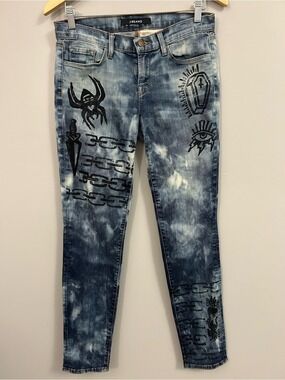 J Brand Blue Tie-Dye Skinny Jeans with Black Graphic Details Size 28